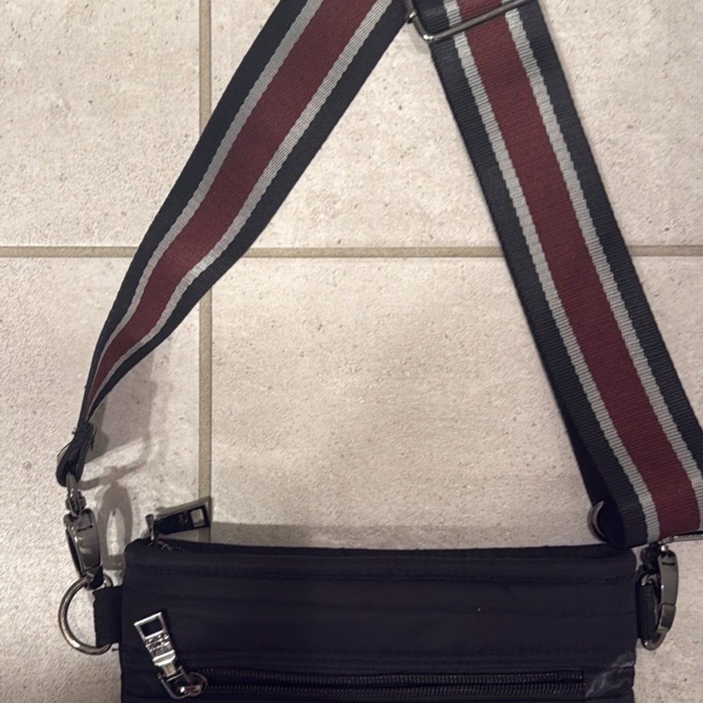 THINK ROYLN Black and Red Belt Bag with Striped Strap